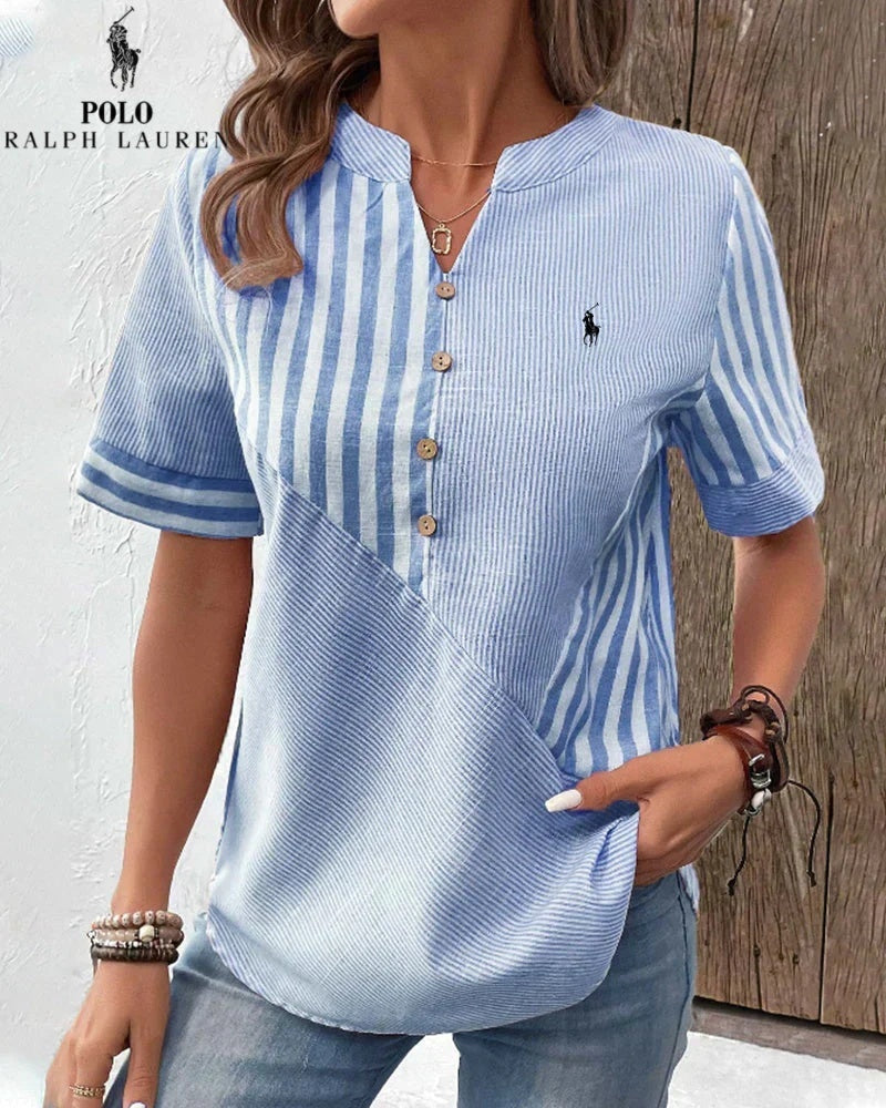 RALPH LAUREN - Camicia in cotone e lino con righe asimmetriche e collo a V