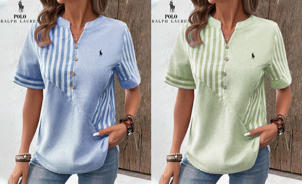 RALPH LAUREN - Camicia in cotone e lino con righe asimmetriche e collo a V