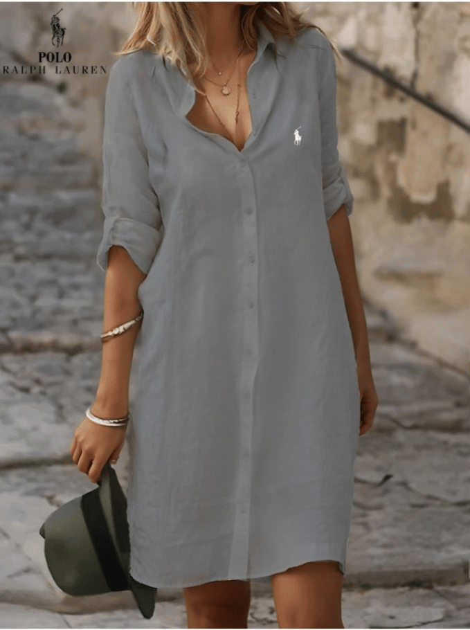 RALPH LAUREN - Abito chemisier semplice in cotone e lino dal taglio ampio